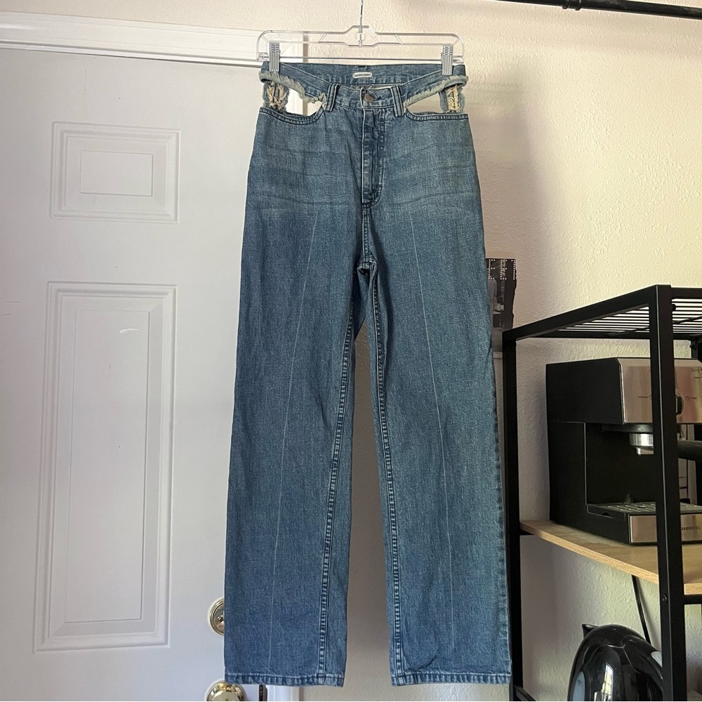 RACHEL COMEY blue cotton denim high rise cutout slim straight leg cropped jeans